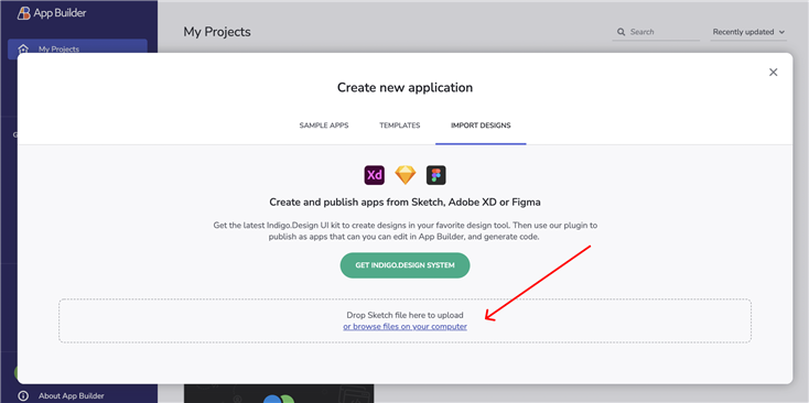 Arraste seus arquivos de esboço para App Builder