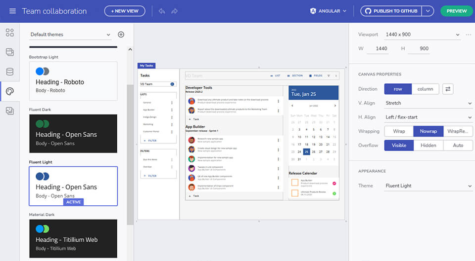App Builder includes theming and uses real UI components to quickly turn a design into a working application.